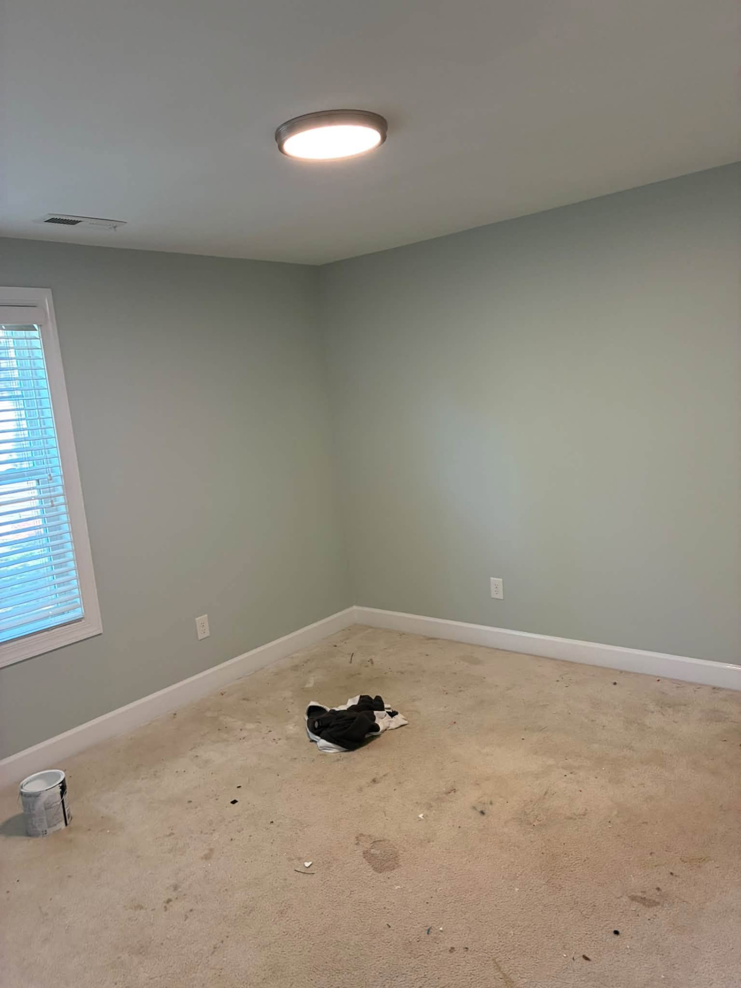 Bedroom repaint — soft sage walls, white ceiling and baseboards