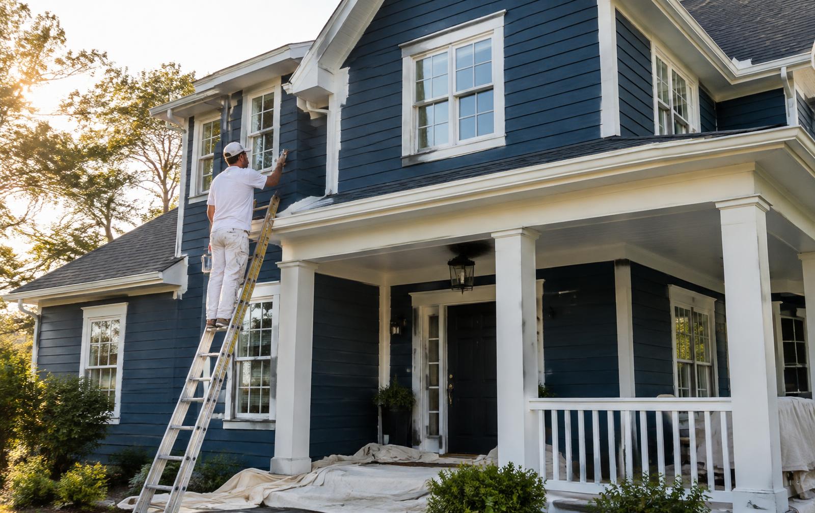 J&R painter on a ladder painting a navy home exterior